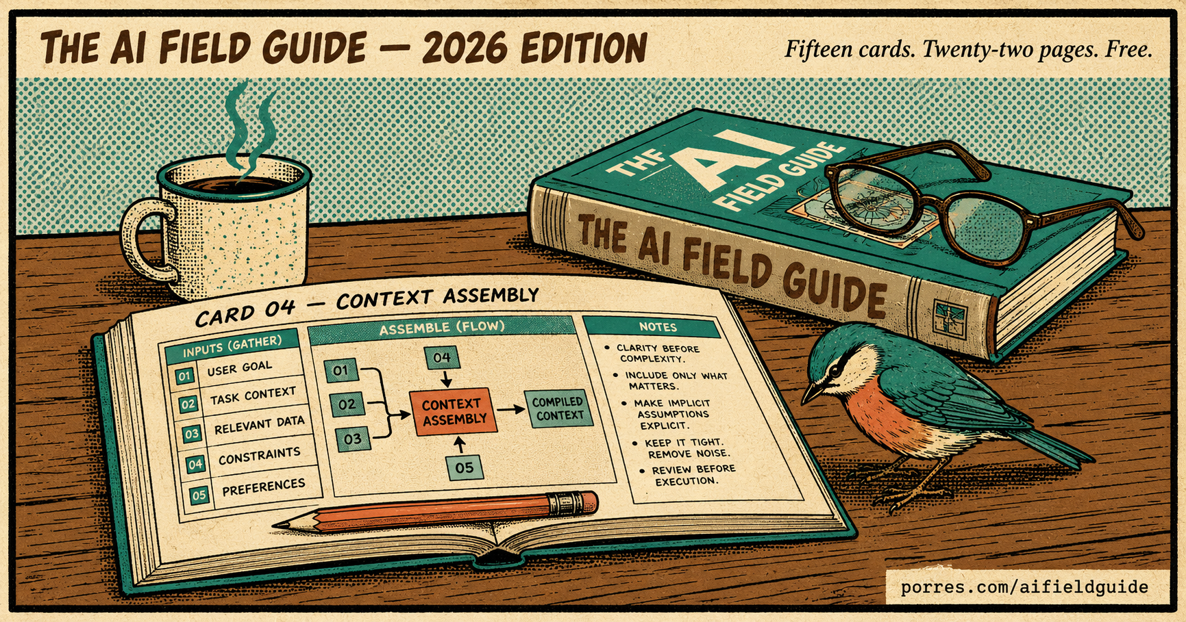 The AI Field Guide — open on a workbench, with reading glasses, a pencil, and a stylized bird perched at rest. Retro pop-art illustration in teal, burnt orange, cream, and warm brown.