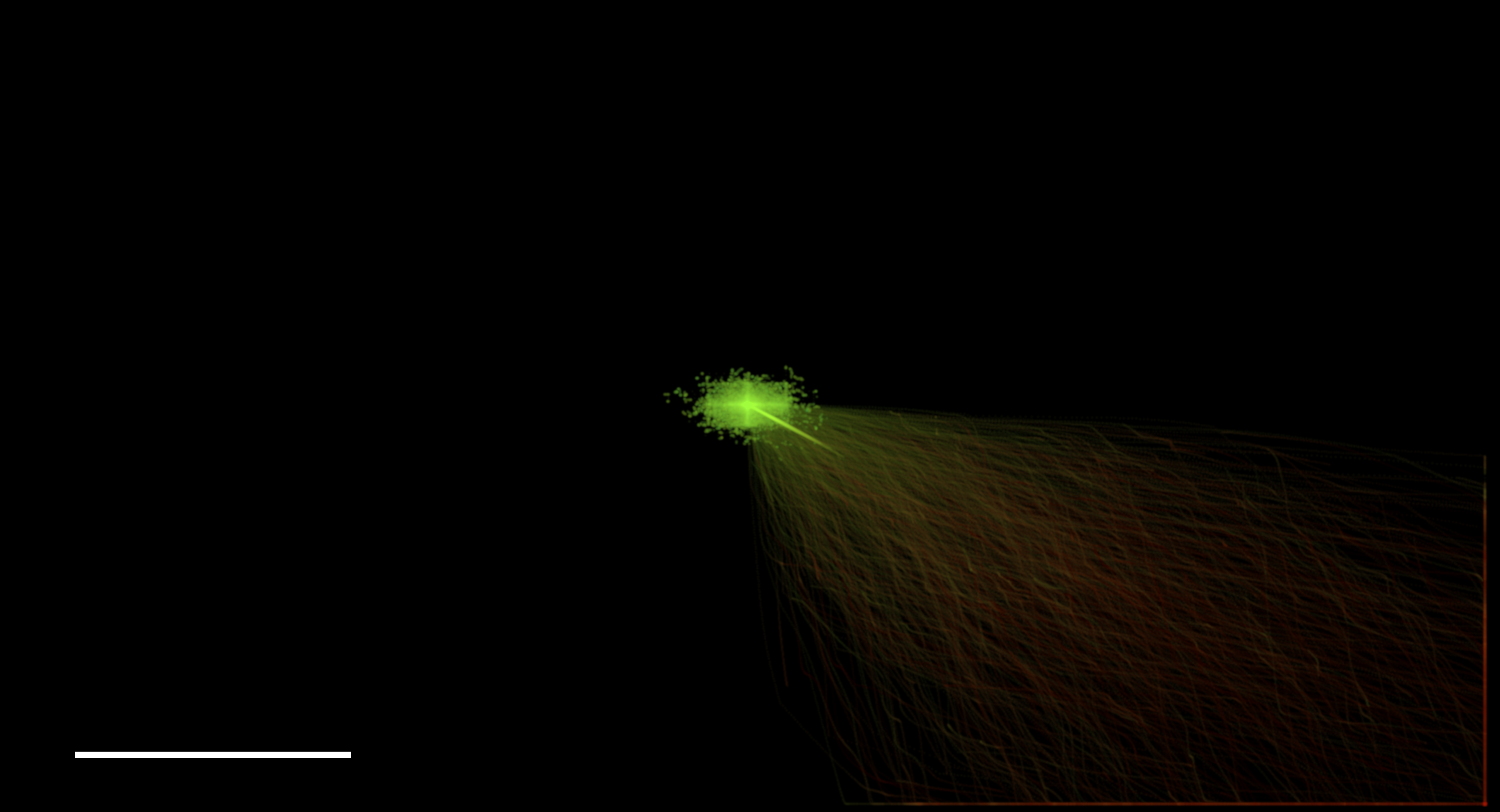 Claude v1: a depth-colored point cloud, comet-shaped.