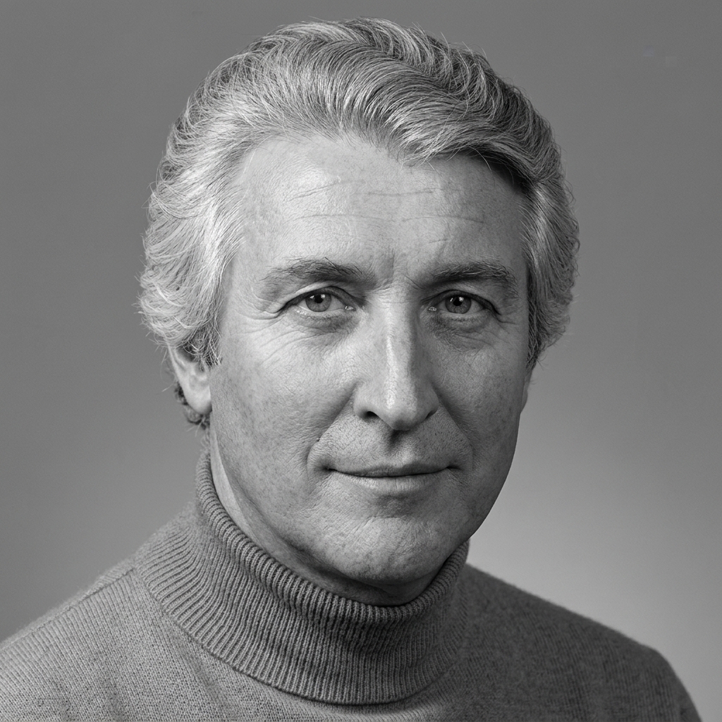 Black-and-white portrait of pianist Dwight Peltzer seated at a piano